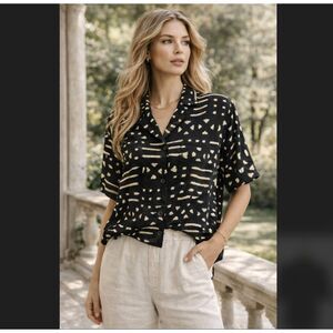 Vintage Ellen Tracy Silk Blouse 8 Black Abstract Camp Collar Boxy Linda Allard